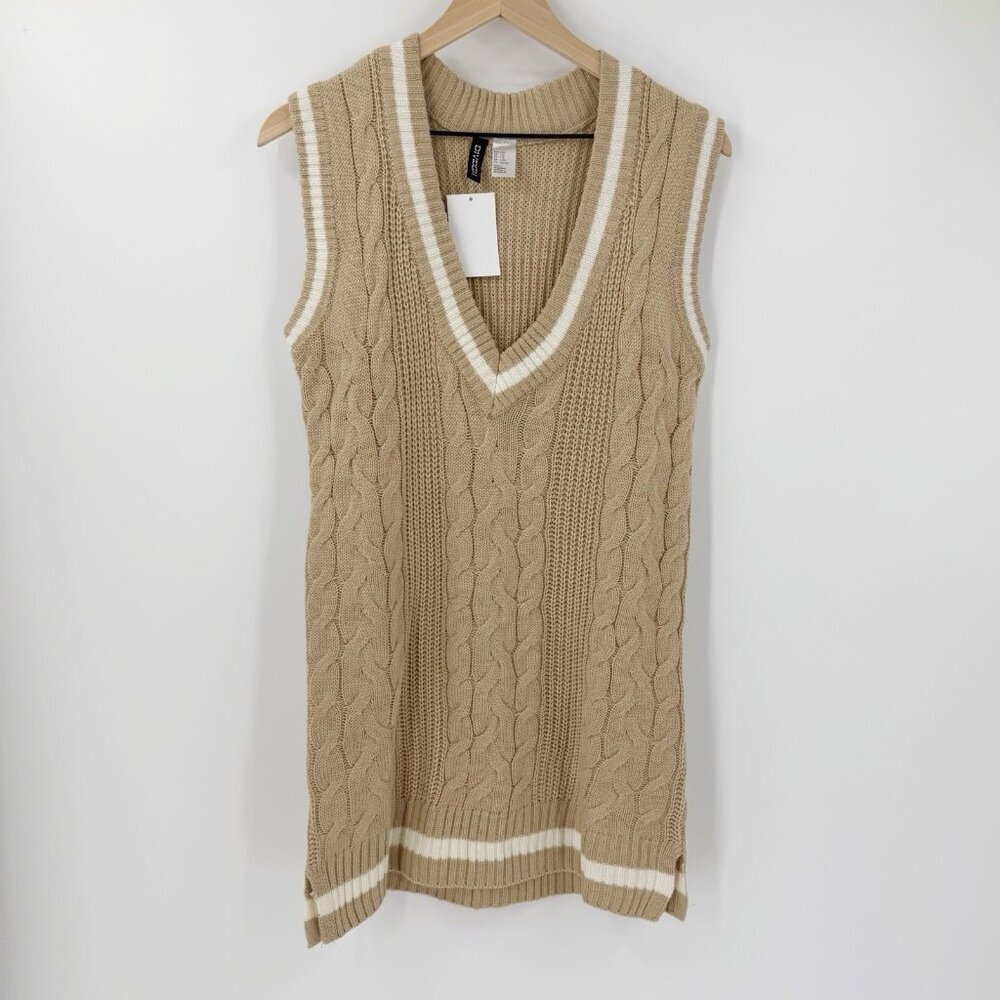 NWT H&M Tan Varsity Sweater Vest Dress XXS Academia School Preppy